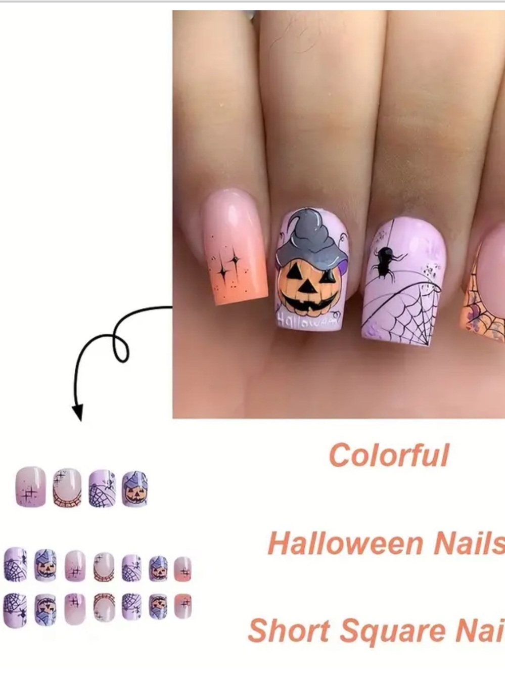 Halloween Pumpkin & Spider Short Square Press On Nail - Pink Orange